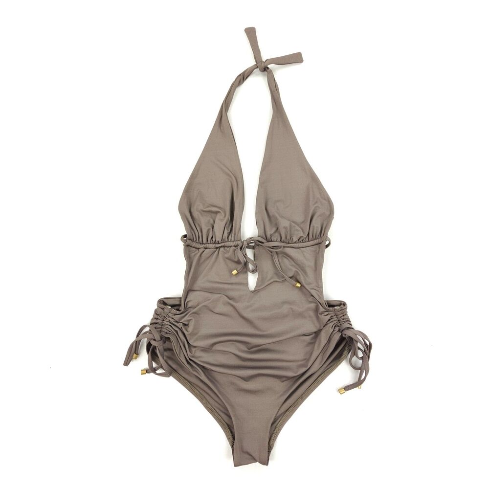 VITAMIN A Brena Plunging Halter Ruched-Side Maillot One Piece Resort Clean Girl